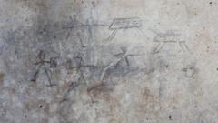 Un dibujo de gladiadores, probablemente realizado por un niño con carboncillo, en una pared del interior de la Ínsula de los Amantes Castos, en las excavaciones arqueológicas de Pompeya.