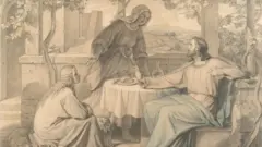 Jesus com Marta e Maria, ilustração sobre passagem bíblica. Obra de 1866, de Carl Peschel