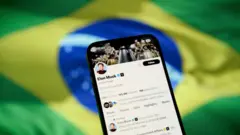 Celular mostrando perfil de Elon Musk com bandeira do Brasil ao fundo