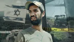 Composição gráfica mostrando o colono extremista Moshe Sharvit, de barba e boné, ao lado da bandeira israelense e um buggy que ele usa para patrulhar terras na Cisjordânia.