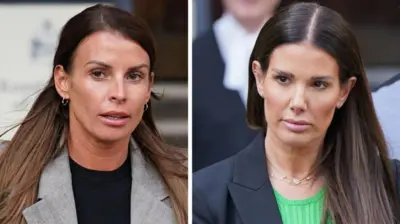 A picture of Coleen Rooney (left) in a grey jacket and Rebekah Vardy, in a dark jacket and bright green top.
