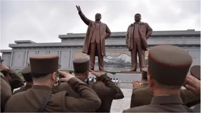 Korean officials saluting statues