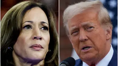 Fotomontagem de Trump e Kamala Harris