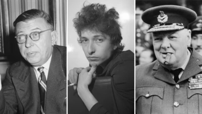 Montagem de três fotografias em preto e branco mostram, em ordem, o francês Jean-Paul Sartre, o americano Bob Dylan e o inglês Winston Churchill