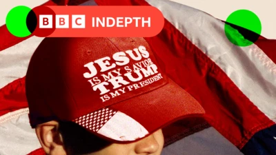 Montage image showing a boy standing in front of a US flag wearing a red baseball baseball cap bearing the words: Jesus is my savior, Trump is my president