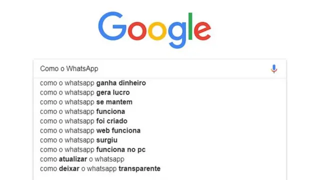 Tela do buscador do Google com opções de pesquisa sobre o WhastApp