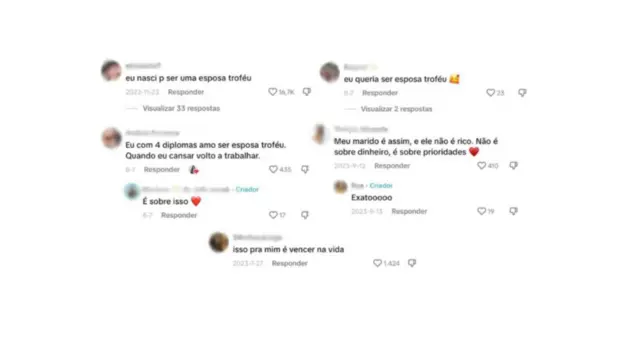 Print de vários comentários de mulheres dizendo que querem ser esposas troféu