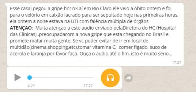 Capturas de tela de mensagens no Whatsapp com boatos sobre gripe