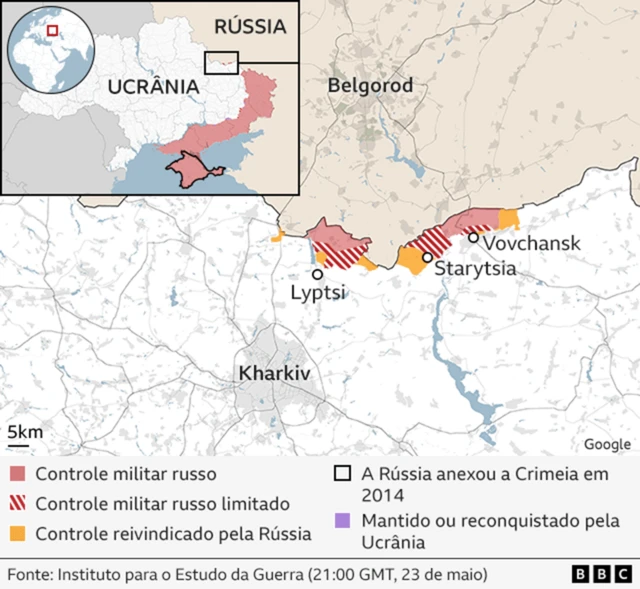 Mapa mostrando áreas tomadas na Ucrânia