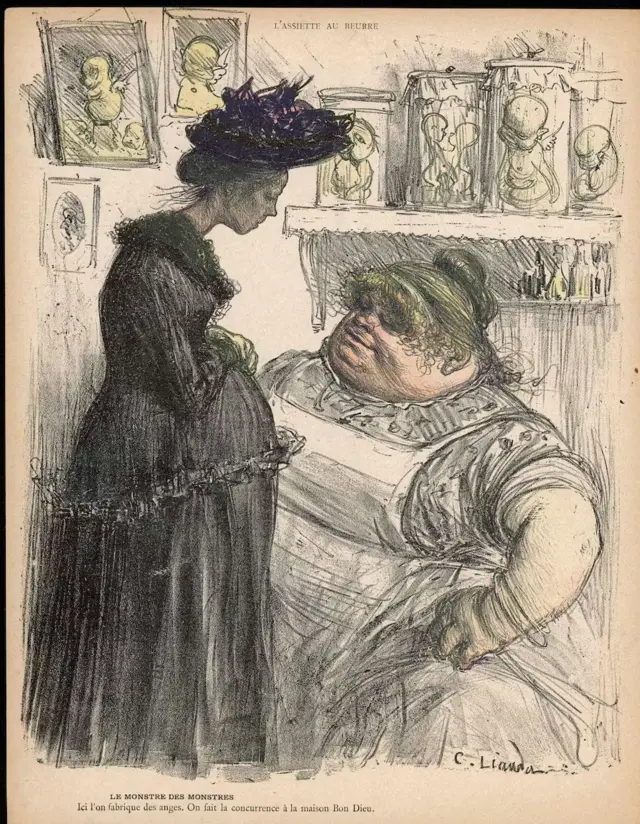 Uma imagem de 1902 publicada em um jornal francês de uma mulher buscando um aborto tardio