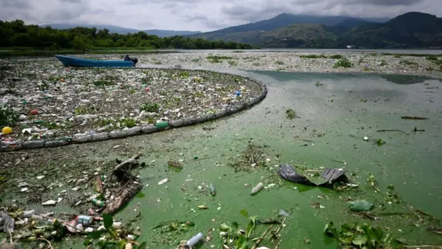 Rede 'filtrando' resíduos sólidos no lago