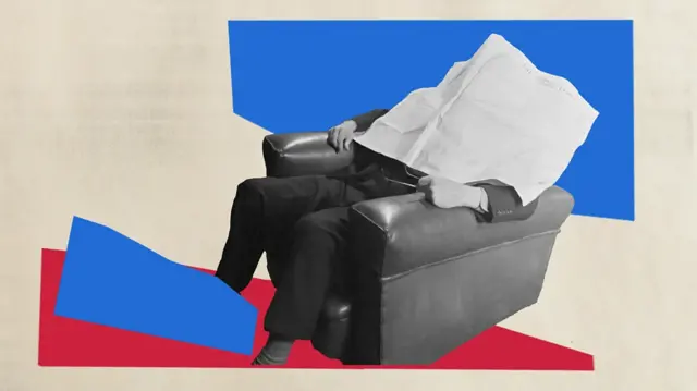 Colagem com foto de homem sentado em poltrona com jornal na cara