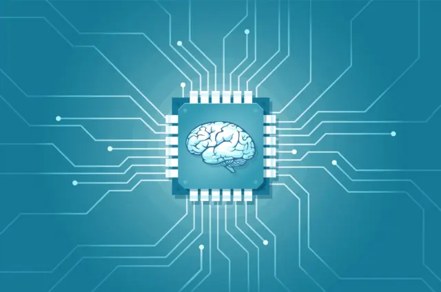 Ilustração de um circuito de computador implantado no cérebro humano