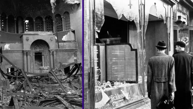 Sinagogas e vitrines de lojas destruídas na "Noite dos Cristais"