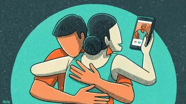 ilustração de casal heterossexual, ela olhando o celular