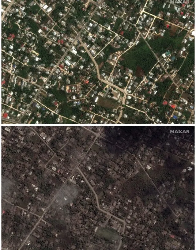 Casas em Tonga em 29 de dezembro (imagem de cima) e, abaixo, em imagem registrada em 18 de janeiro após a explosão.