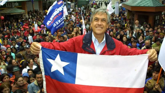 Sebastián Piñera sorrindo e mostrando para câmera bandeira do Chile, com apoiadores atrás