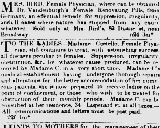 Anúncios de serviços de aborto em 1842