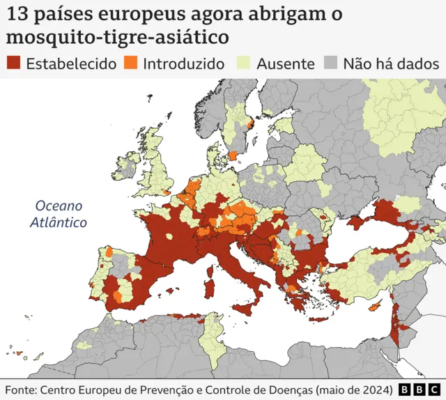 Mapa mostra países europeus em que o mosquito-tigre-asiático está presente