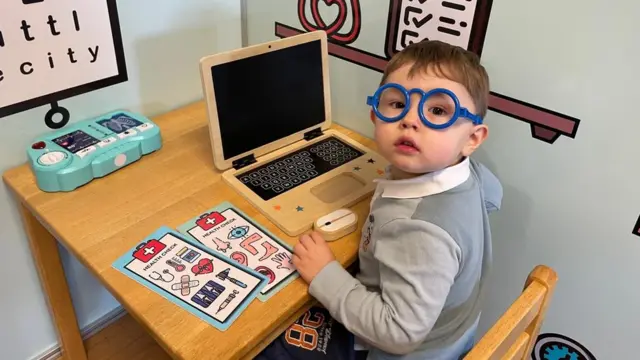 Teddy de óculos sentado em frente a um laptop