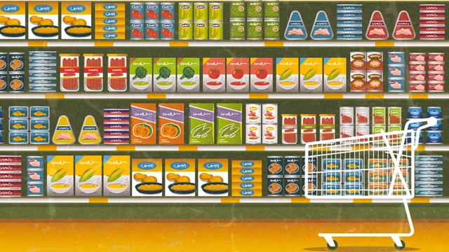 Ilustração de uma prateleira de supermercado repleta de produtos coloridos