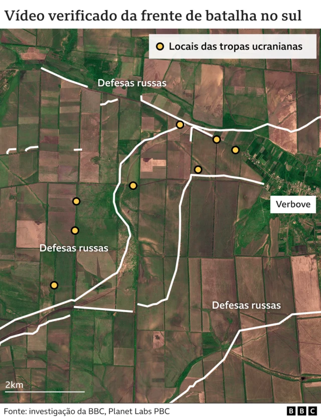 Mapa de batalha no Sul da Ucrânia