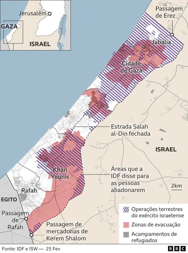 Gráfico mostra áreas de Gaza com operações do exército israelense, zonas de evacuação e acampamentos de refugiados