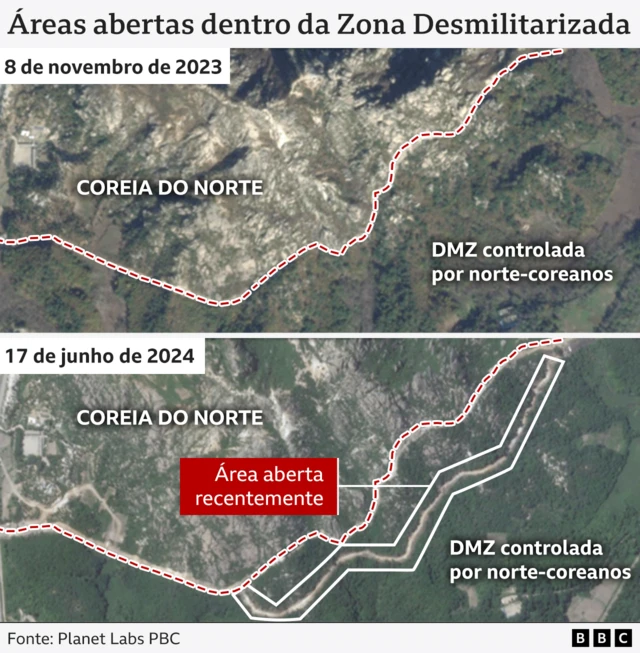 Duas imagens de satélite mostrando as áreas abertas perto da fronteira com a Coreia do Norte