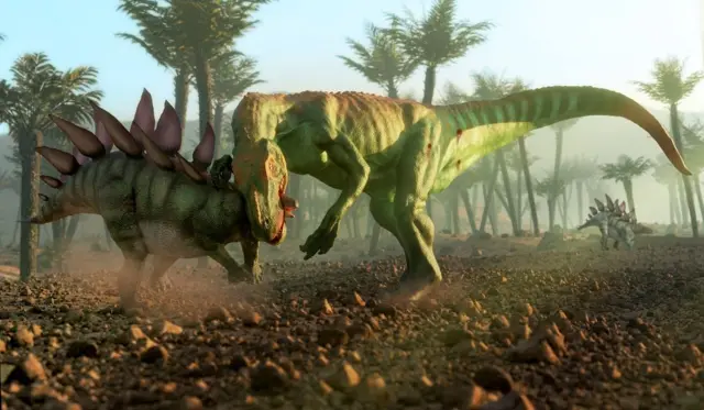 Recriação de um allossauro atacando um estegossauro no Período Jurássico.