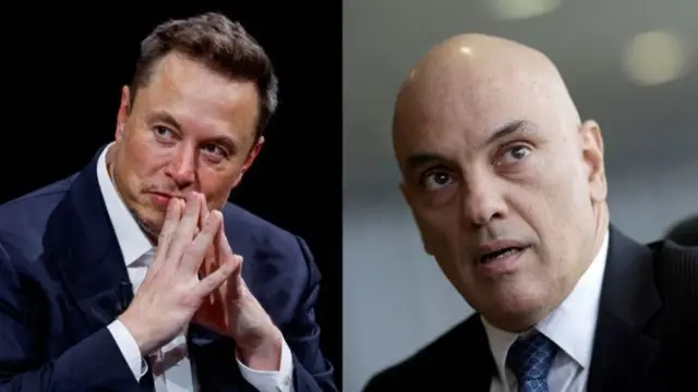 Imagem de Musk ao lado de foto de Alexandre de Moraes