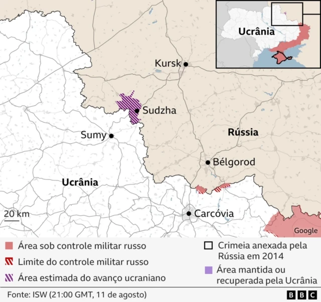 Gráfico mostra a área que as forças ucranianas ocuparam dentro da Rússia