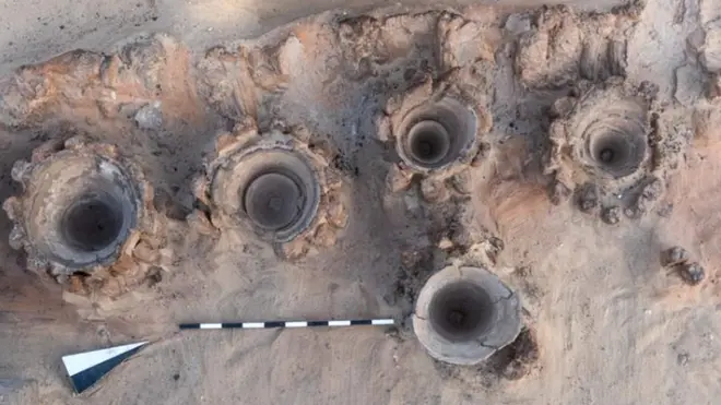 Undated image shows archaeologists discover a 5,000-year-old mass production brewery in the ancient city of Abydos at Sohag Governorate in Egypt, in this image released on February 13, 2021 by the Joint Egyptian-American Archaeology Mission Handout via Egypt's ministry of antiquities.