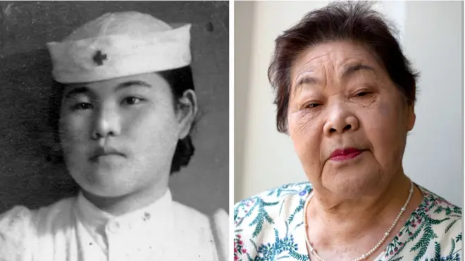 Teruko Ueno no Hospital da Cruz Vermelha de Hiroshima como enfermeira alguns anos após a bomba atômica (à esquerda) e em 2015