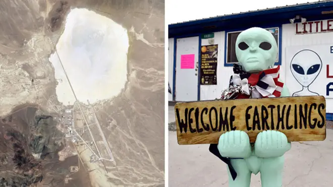 A satellite image of Area 51 (L) and an alien-like statue outside a hotel in Rachel, Nevada (R)