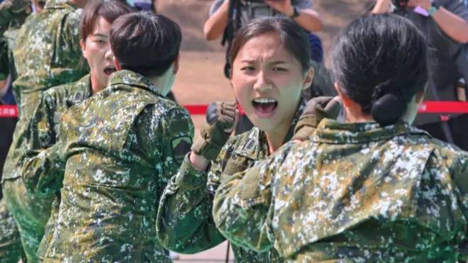 Taiwanese combat engineer troops are seen during an exercise amid a visit by Taiwan's President Tsai Ing-wen in Chiayi county on March 25, 2023