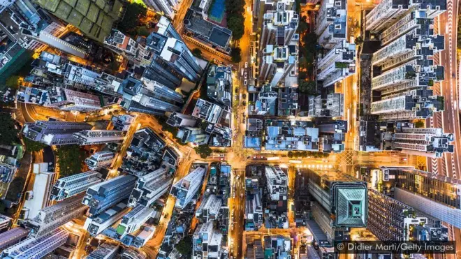 Vista aérea dos arranha-céus de Hong Kong