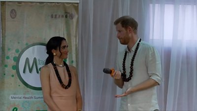 Duke and Duchess of Sussex speaking at event