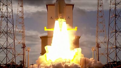 Column of fire after rocket sets off from launch pad