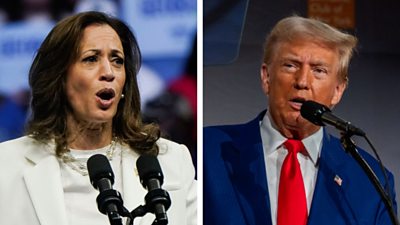 Split screen showing Kamala Harris and Donald Trump each behind separate microphones