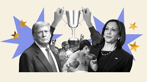 A collage of Donald Trump, Kamala Harris and two athletes with a trophy in the middle (Credit: Serenity Strull/ Getty Images)
