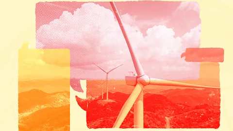 An illustration showing two women piecing together letters in front of wind farms and electricity pylons (Credit: Serenity Strull/ Getty Images)