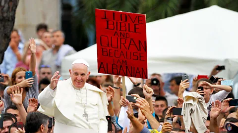 Gent Shkullaku/Getty In 2014, Pope Francis praised the country for its religious tolerance (Credit: Gent Shkullaku/Getty)