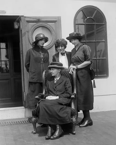 Getty Images Marie Sklodowska-Curie (seated) with her daughters Irene and Eve and Marie Meloney (centre), on RMS Olympic in 1921 (Credit: Getty Images)