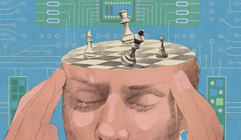 Emmanuel Lafont illustration of man with fingers to temples, his brain is a chessboard