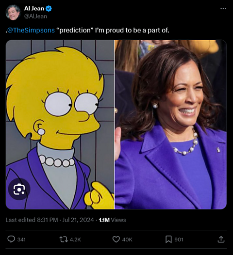 X post from The Simpsons writer Al Jean featuring Kamala and Lisa Simpson