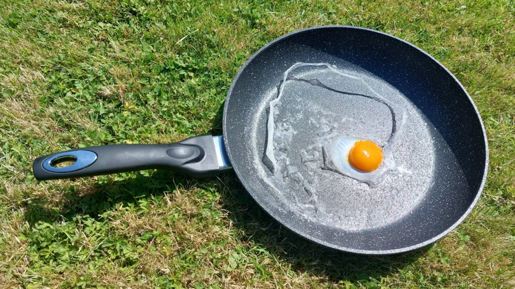A slightly-cooked egg in a frying pan, which has been placed on grass.