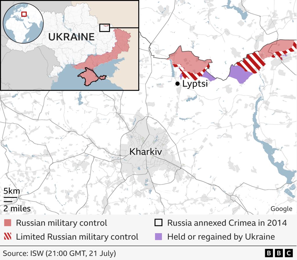 Map showing areas controlled by Russia and held or regained by Ukraine, focusing on the area around Kharkiv and showing the village of Lyptsi a few miles to its north