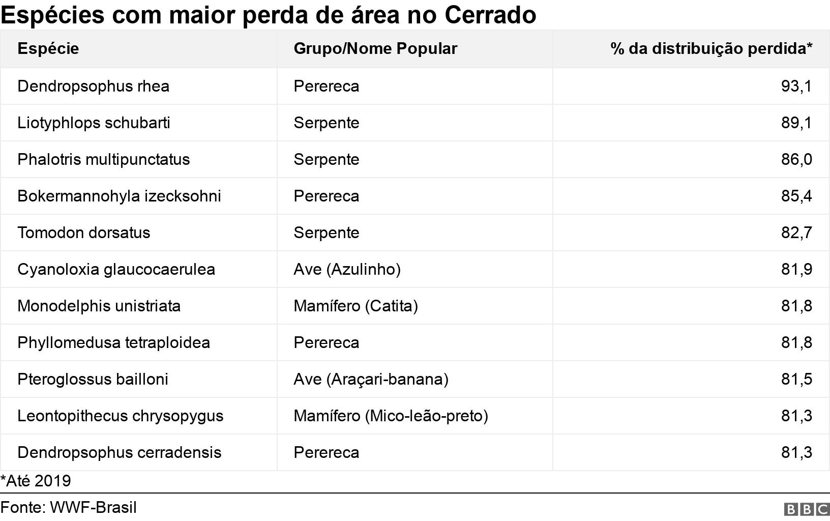 Espécies com maior perda de área no Cerrado. .  *Até 2019.