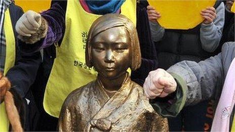 Close-up of the statue of a South Korean teenage girl in traditional costume called the 'peace monument' to comfort women during the 1,000th weekly protest in front of the Japanese embassy in Seoul on 14 December 2011