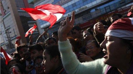 Nepali Congress supporters celebrate election results in Kathmandu